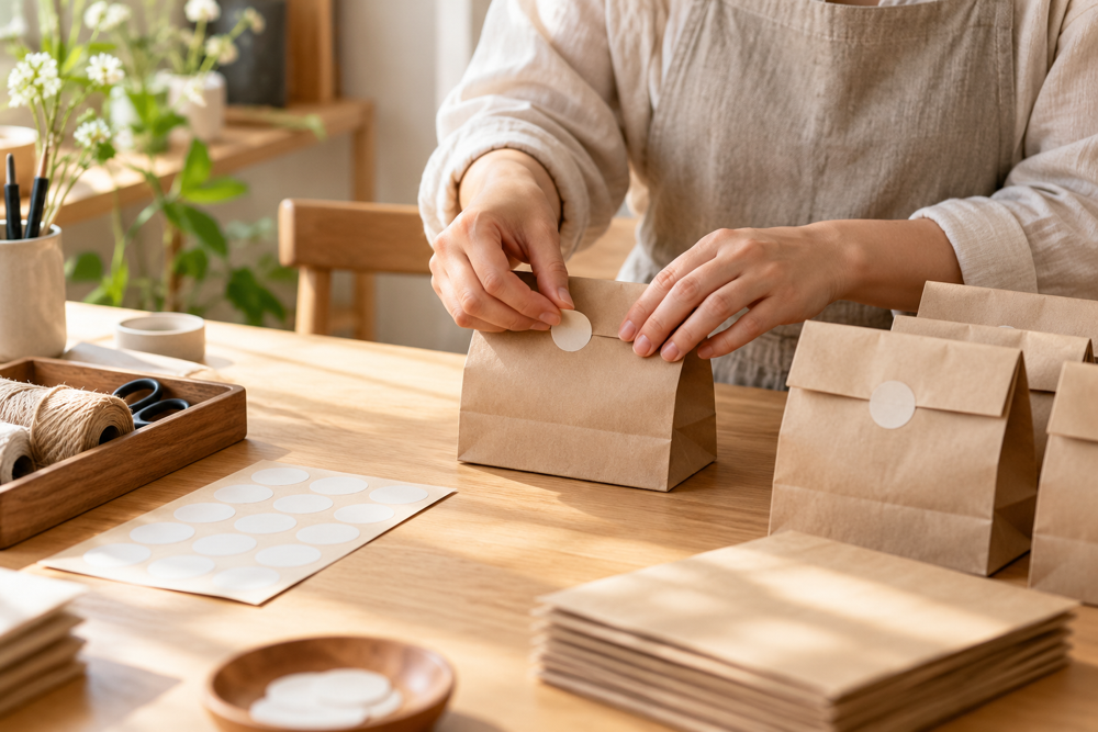 ギフト袋の包装・シール貼りの作業イメージ
